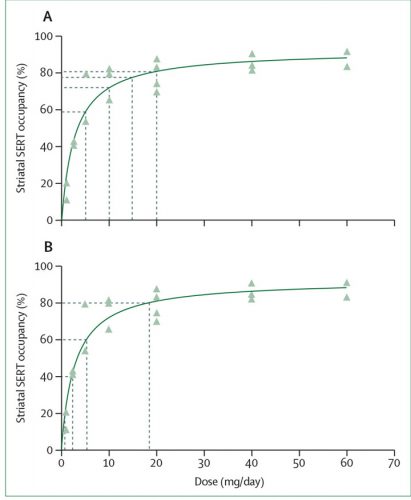 Grafik Effekte von linearer und hyperbolischer Citalopram Dosis-Reduktionen auf die Serotonin-Transporter-Belegung