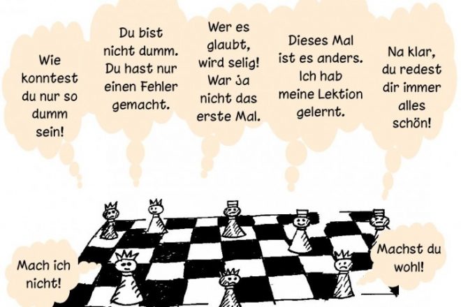 Cartoon: »Raus aus der Glücksfalle« von Russ Harris, Schachfiguren mit Sprechblasen