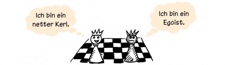Cartoon: »Raus aus der Glücksfalle« von Russ Harris, Schachfiguren mit Sprechblasen