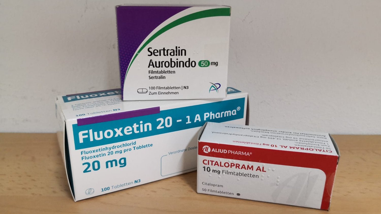 Bild mit Packungen von Sertralin, Fluoxetin, Citalopram