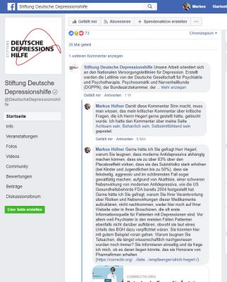 Screenshot Kommentar Facebook-Seite Stiftung Deutsche Depressionshilfe